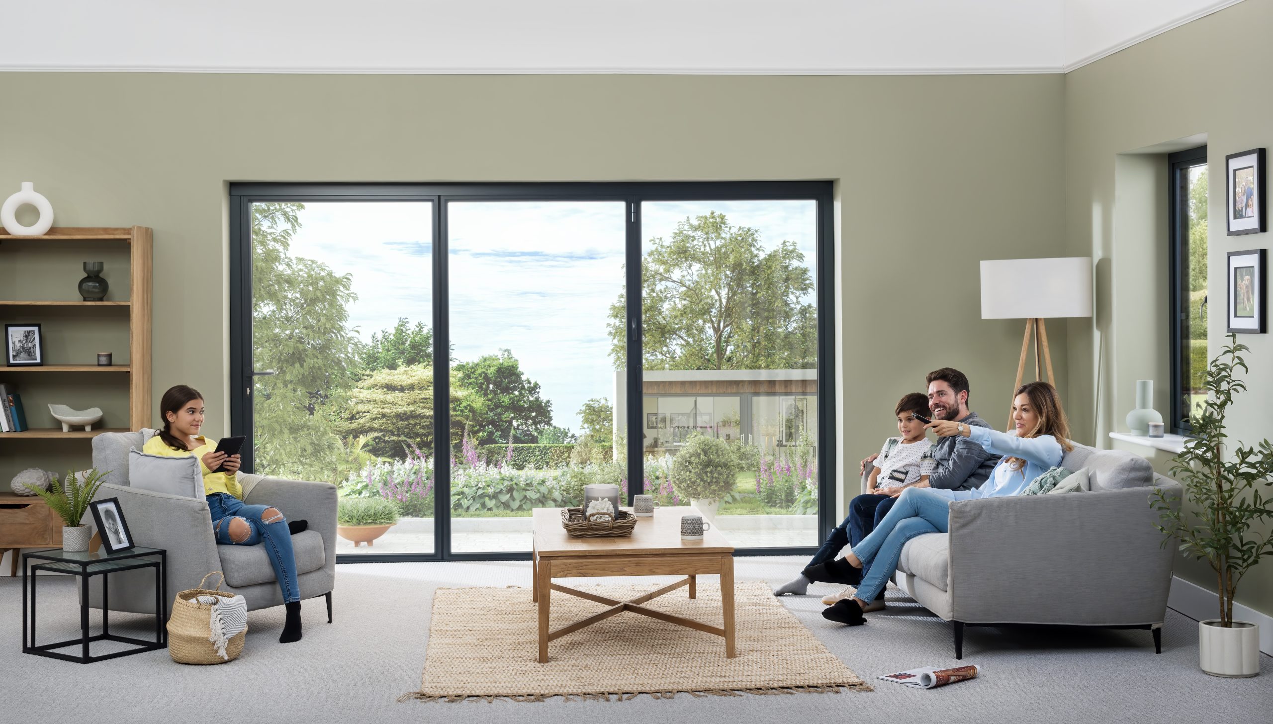contemporary OB-36 bifold doors in lounge with family sat on sofa